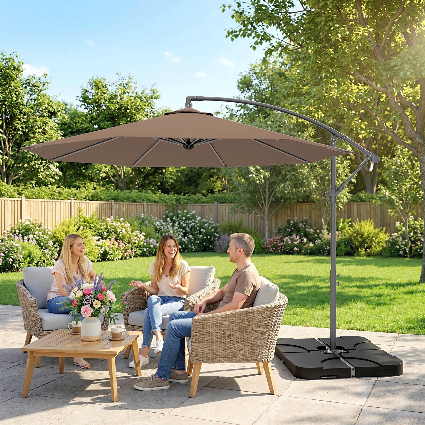 3(m) Banana Parasol Cantilever Umbrella Garden w/ Base Weights - Coffee Brown
