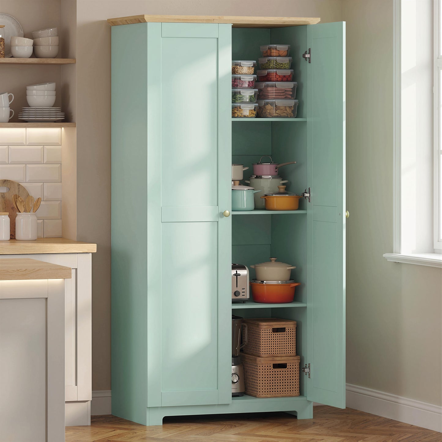 172cm Wooden Storage Cabinet Cupboard With 4 Shelves Light Green