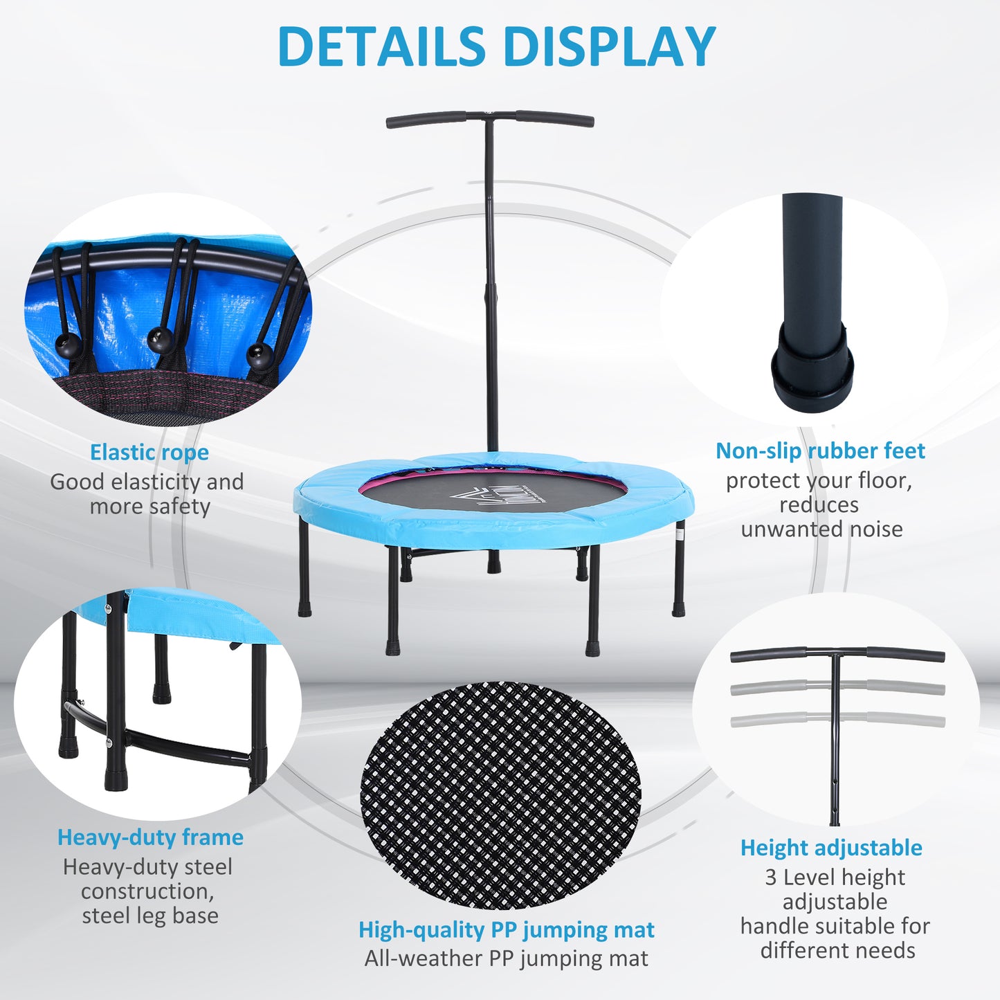 40" Mini Trampoline, Rebounder Jumper w/ Adjustable Handle, Blue