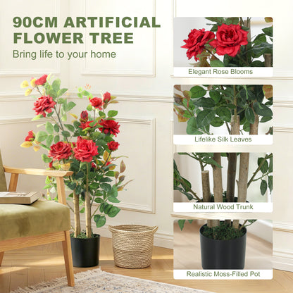 Artificial Rose Tree Set of 2 with 344 Silk Leaves & 17 Flowers, Red
