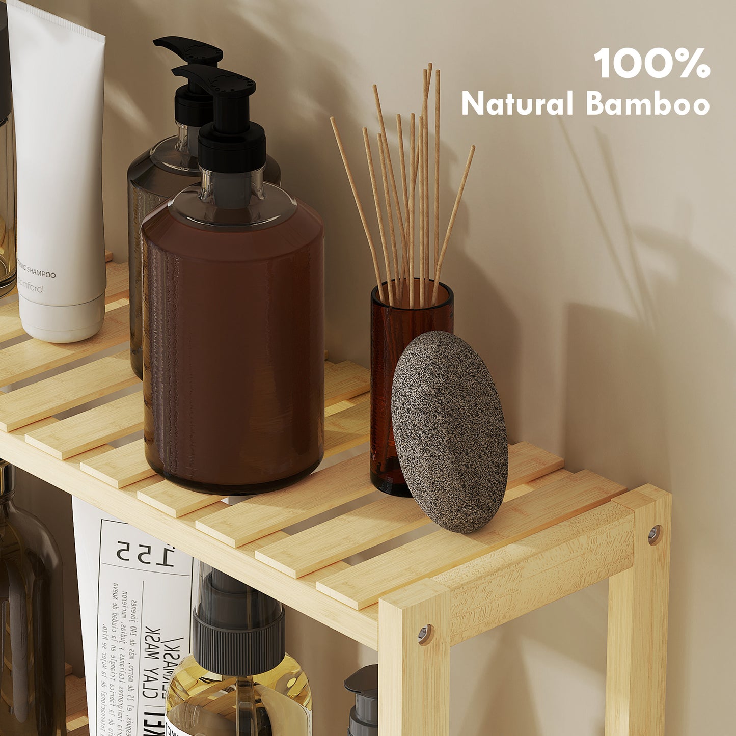 3-Tier Bamboo Adjustable Bathroom Storage Shelf, Natural