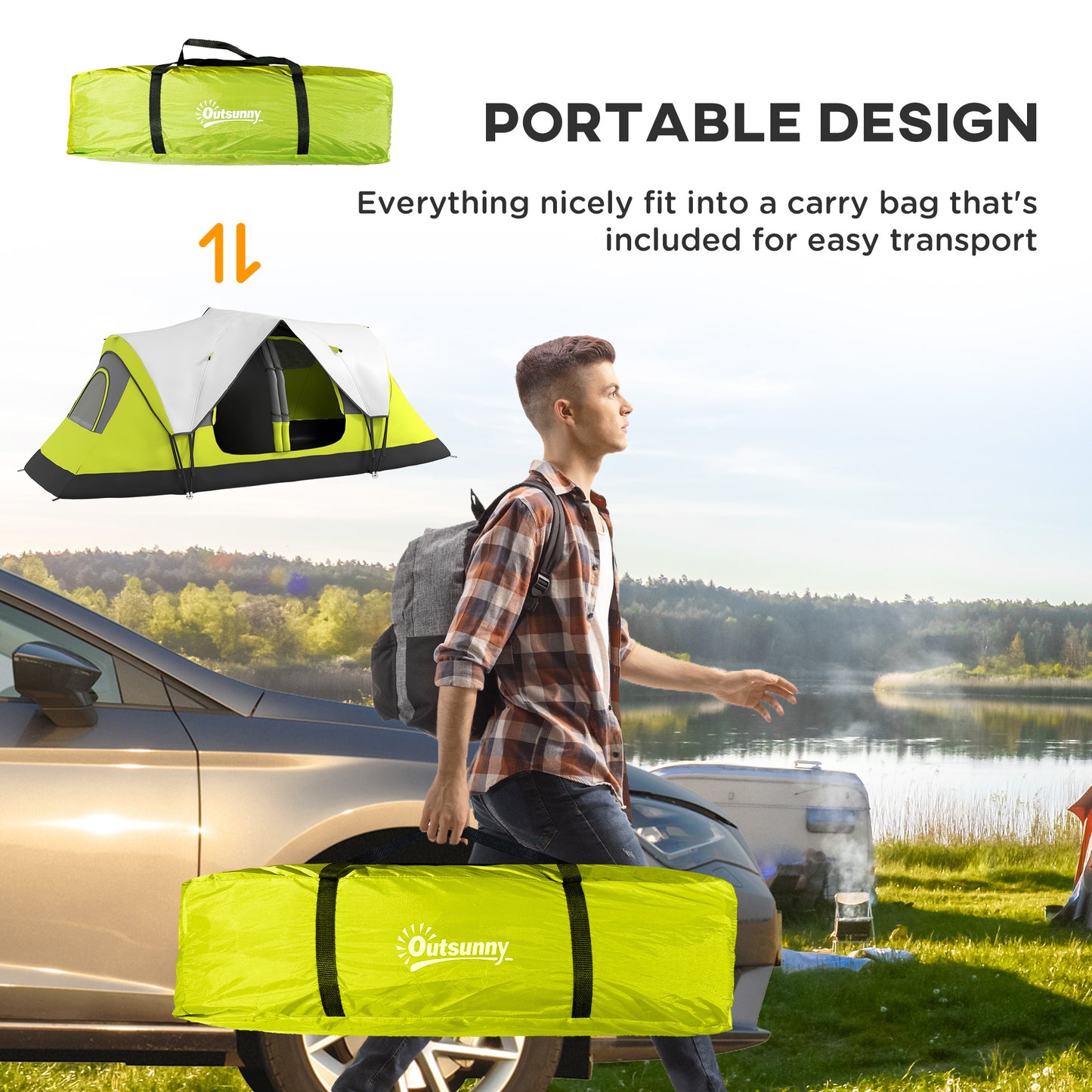 2 Room Camping Tent with Waterproof Rainfly & Screen Panels Yellow