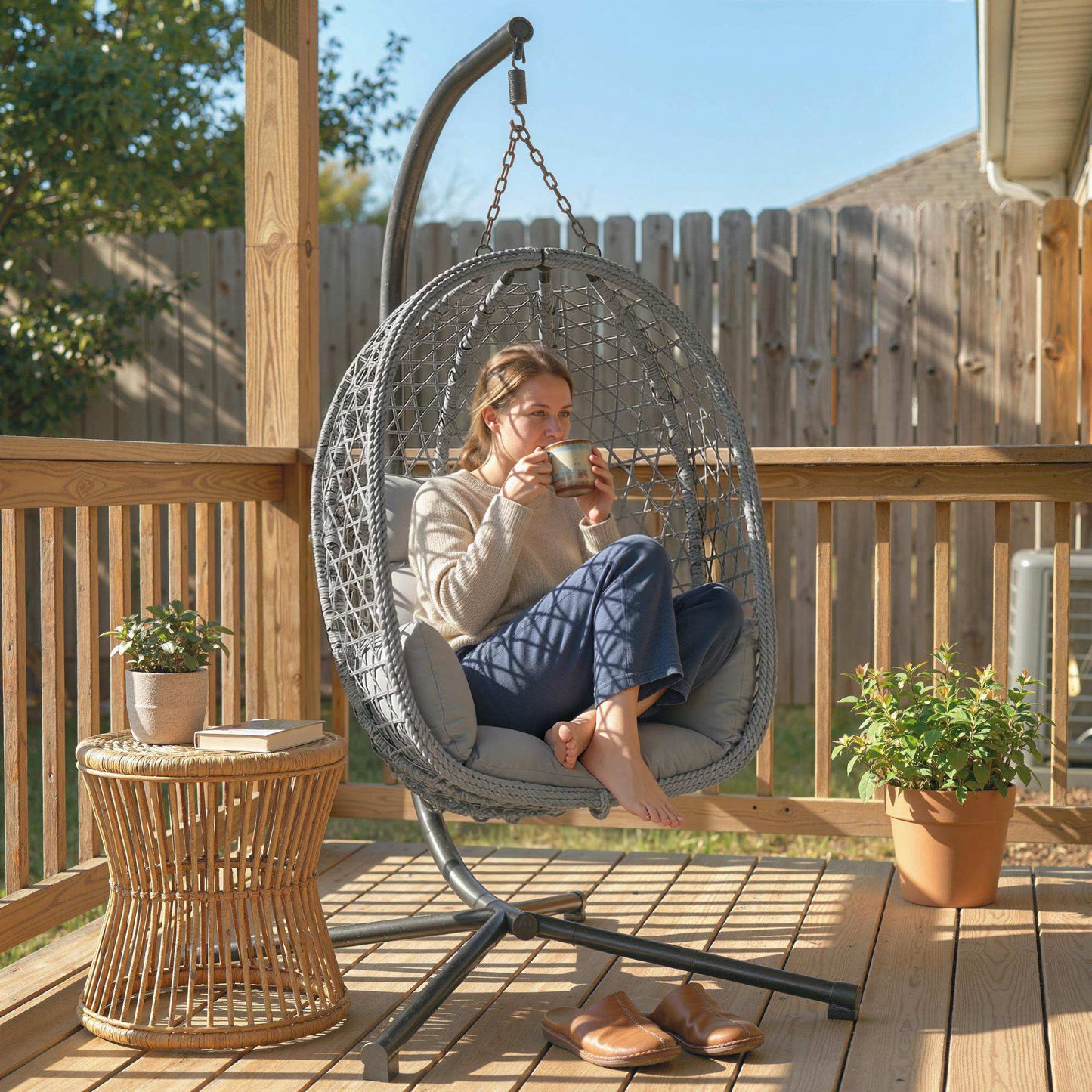 Hanging Egg Chair, Rattan Swing Chair with Stand, Dark Grey