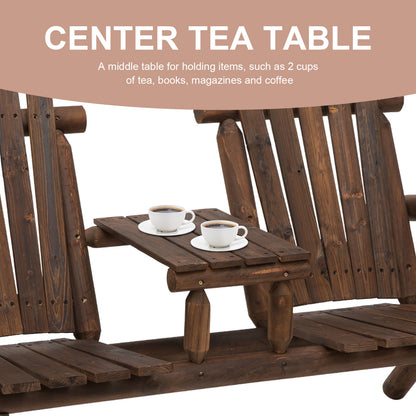 Wood Patio Bench 2 Seats w/ Centre Coffee Table, Carbonized