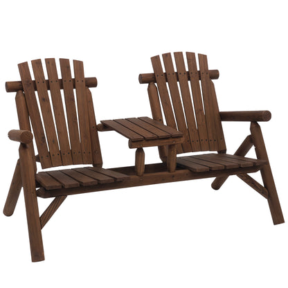 Wood Patio Bench 2 Seats w/ Centre Coffee Table, Carbonized
