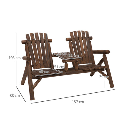 Wood Patio Bench 2 Seats w/ Centre Coffee Table, Carbonized