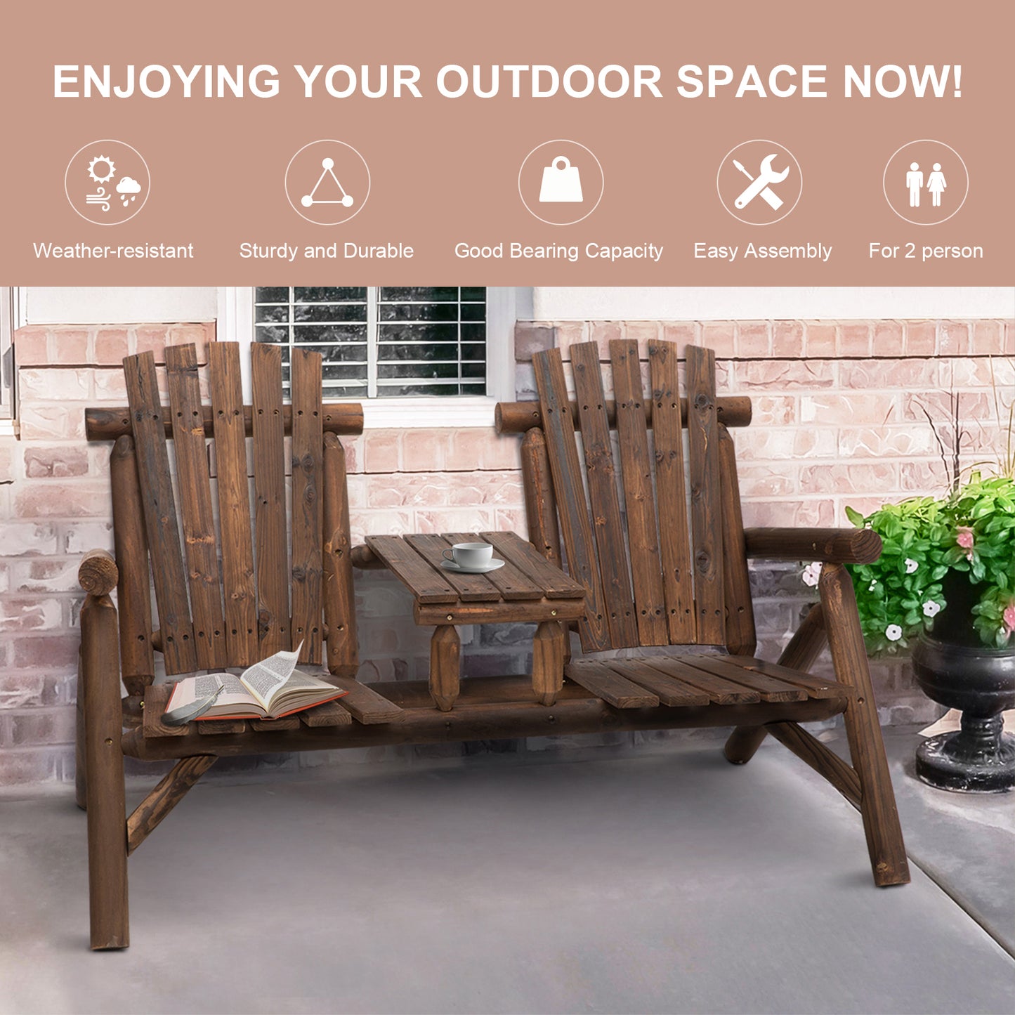 Wood Patio Bench 2 Seats w/ Centre Coffee Table, Carbonized