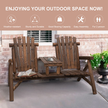 Wood Patio Bench 2 Seats w/ Centre Coffee Table, Carbonized