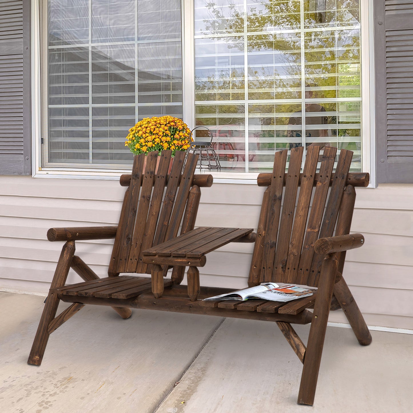 Wood Patio Bench 2 Seats w/ Centre Coffee Table, Carbonized