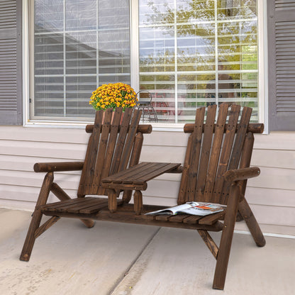 Wood Patio Bench 2 Seats w/ Centre Coffee Table, Carbonized