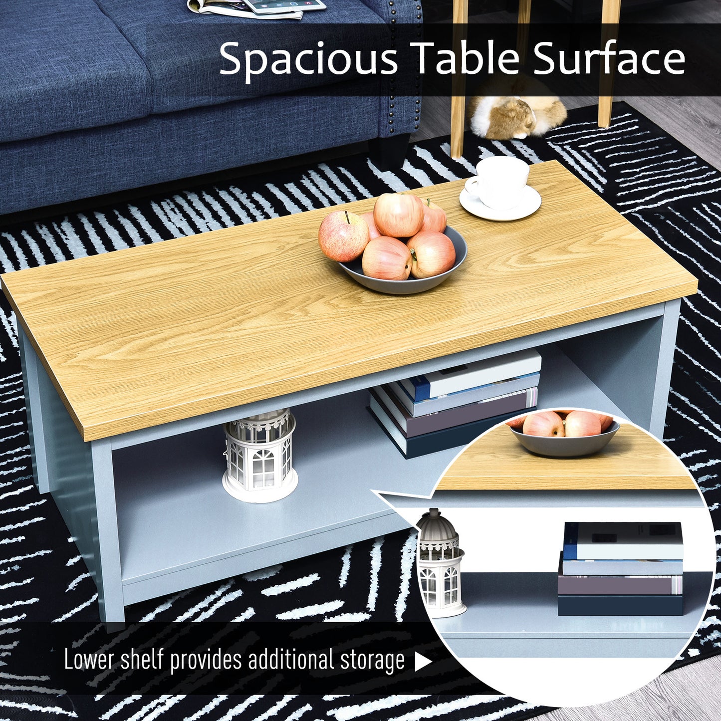 Coffee Table w/Open Display Wood Effect Tabletop Retro Rustic Style Chic Living Room Storage Grey