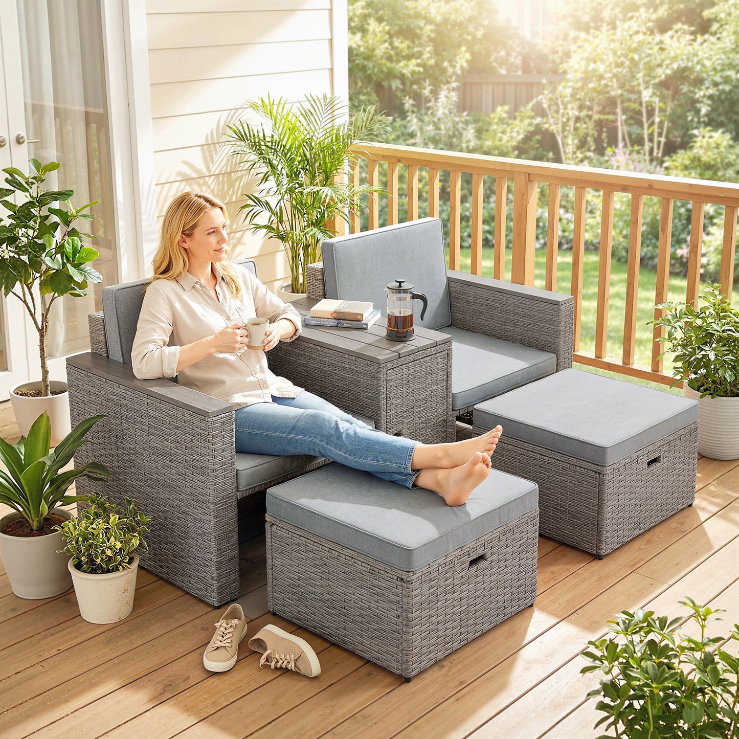 5 Piece Rattan Garden Furniture Set w/ Storage Table, Dark Grey