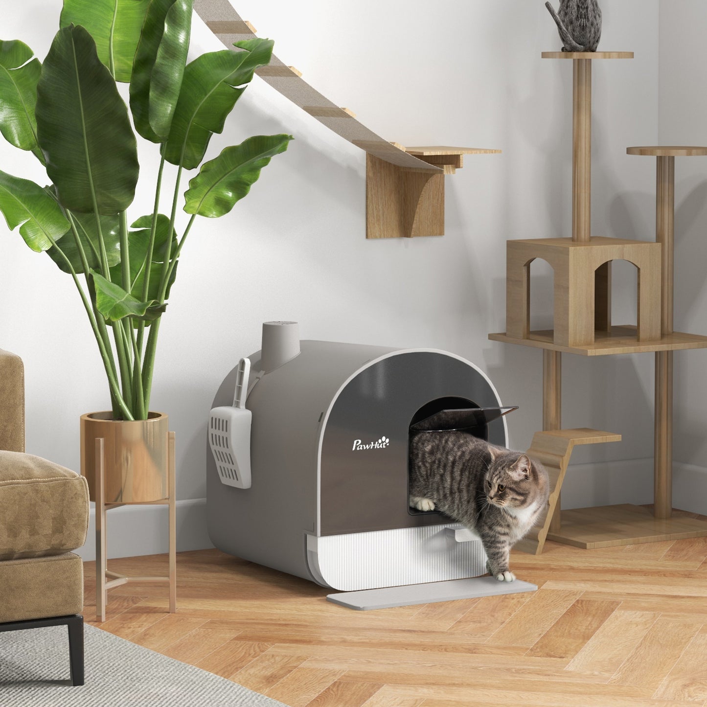 Cat Litter Box Kitten Litter Tray w/ Lid, Scoop, Filter, Flap Door, Grey