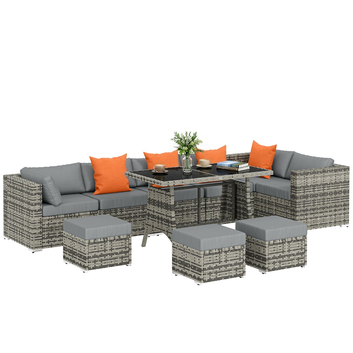 10 Piece Rattan Garden Furniture Set, 2 Corner Sofas with 4 Chairs, 4 Stools and Coffee Table, Outdoor Patio Furniture