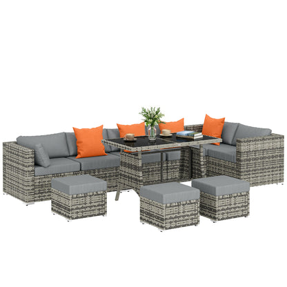10 Piece Rattan Garden Furniture Set, 2 Corner Sofas with 4 Chairs, 4 Stools and Coffee Table, Outdoor Patio Furniture