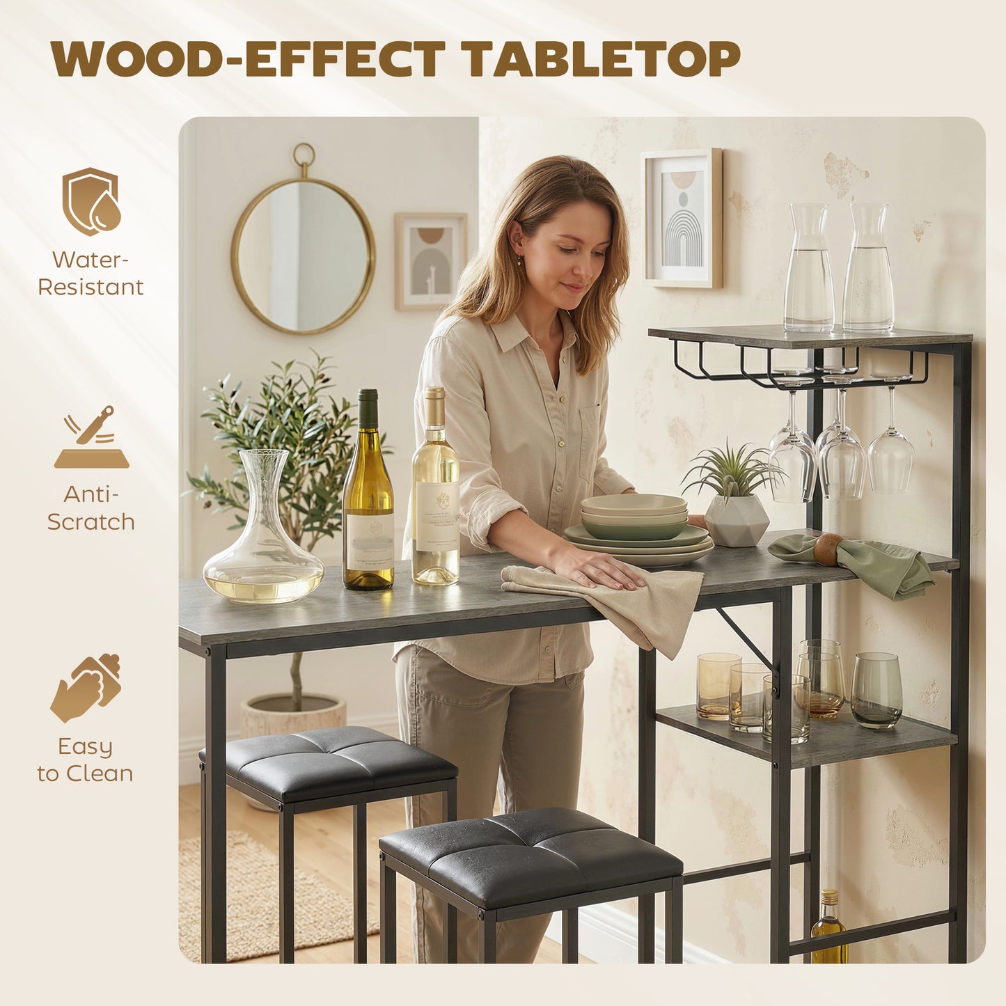 3Pcs Breakfast Bar Table and Stools Set 4-tier shelving, Washed Grey