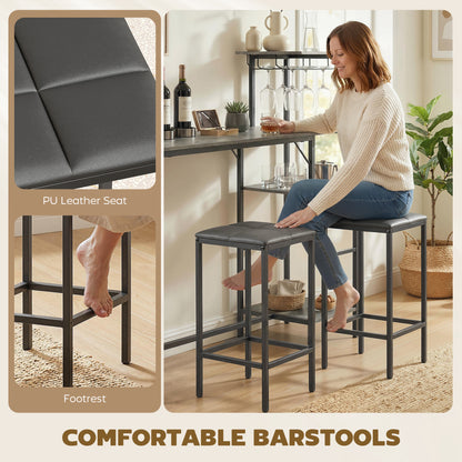 3Pcs Breakfast Bar Table and Stools Set 4-tier shelving, Washed Grey