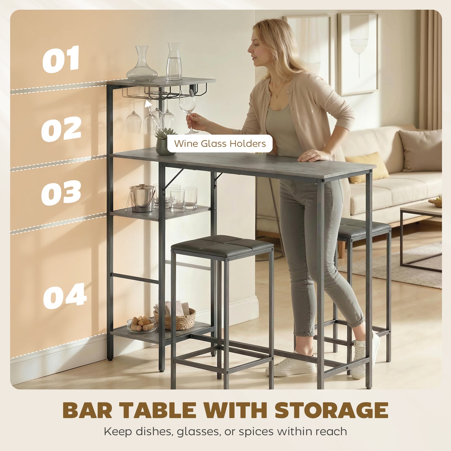 3Pcs Breakfast Bar Table and Stools Set 4-tier shelving, Washed Grey