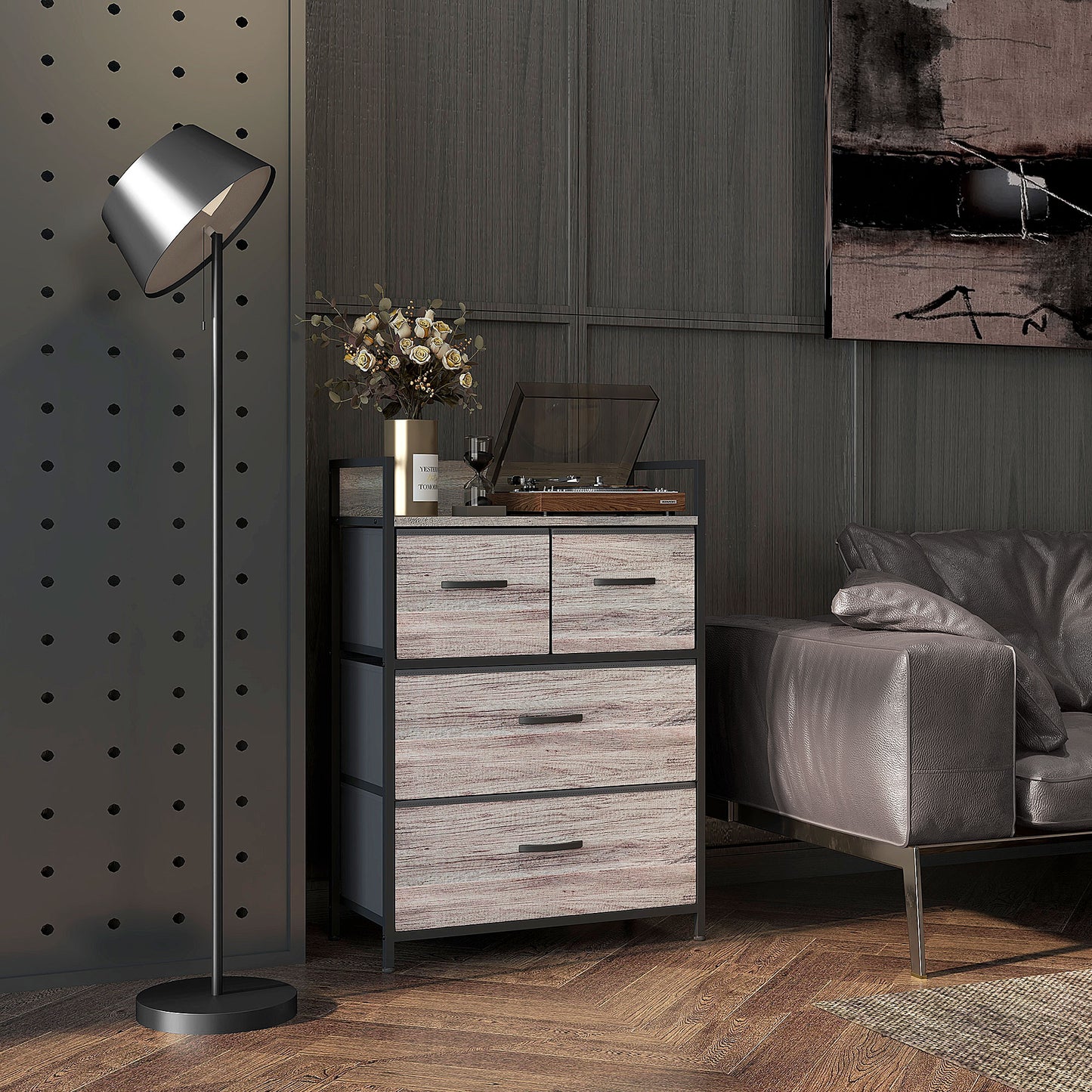 Bedroom Chest of Drawers 4 Drawer Dresser w/ Shelf, Grey Wood Effect