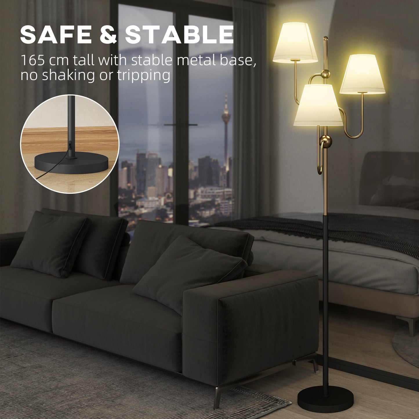 3-Light Floor Lamp, 165 cm Tall Standing Lamp with Foot Switch
