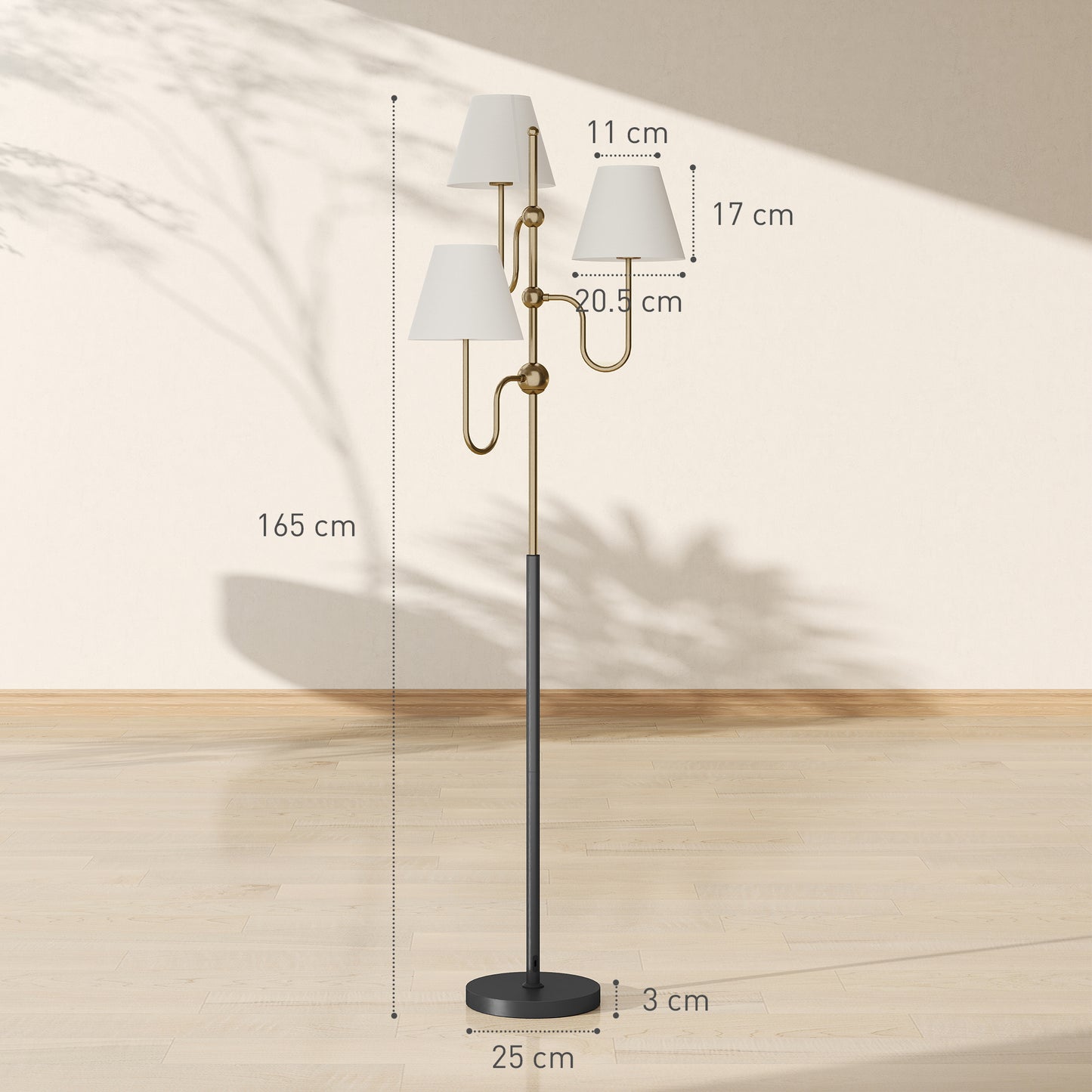 3-Light Floor Lamp, 165 cm Tall Standing Lamp with Foot Switch