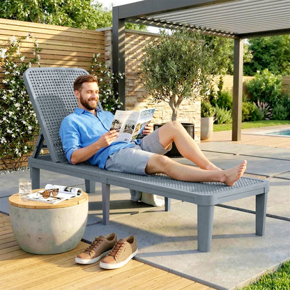Plastic Sun Lounger, 4-Position Garden Lounger Sun bed, Dark Grey
