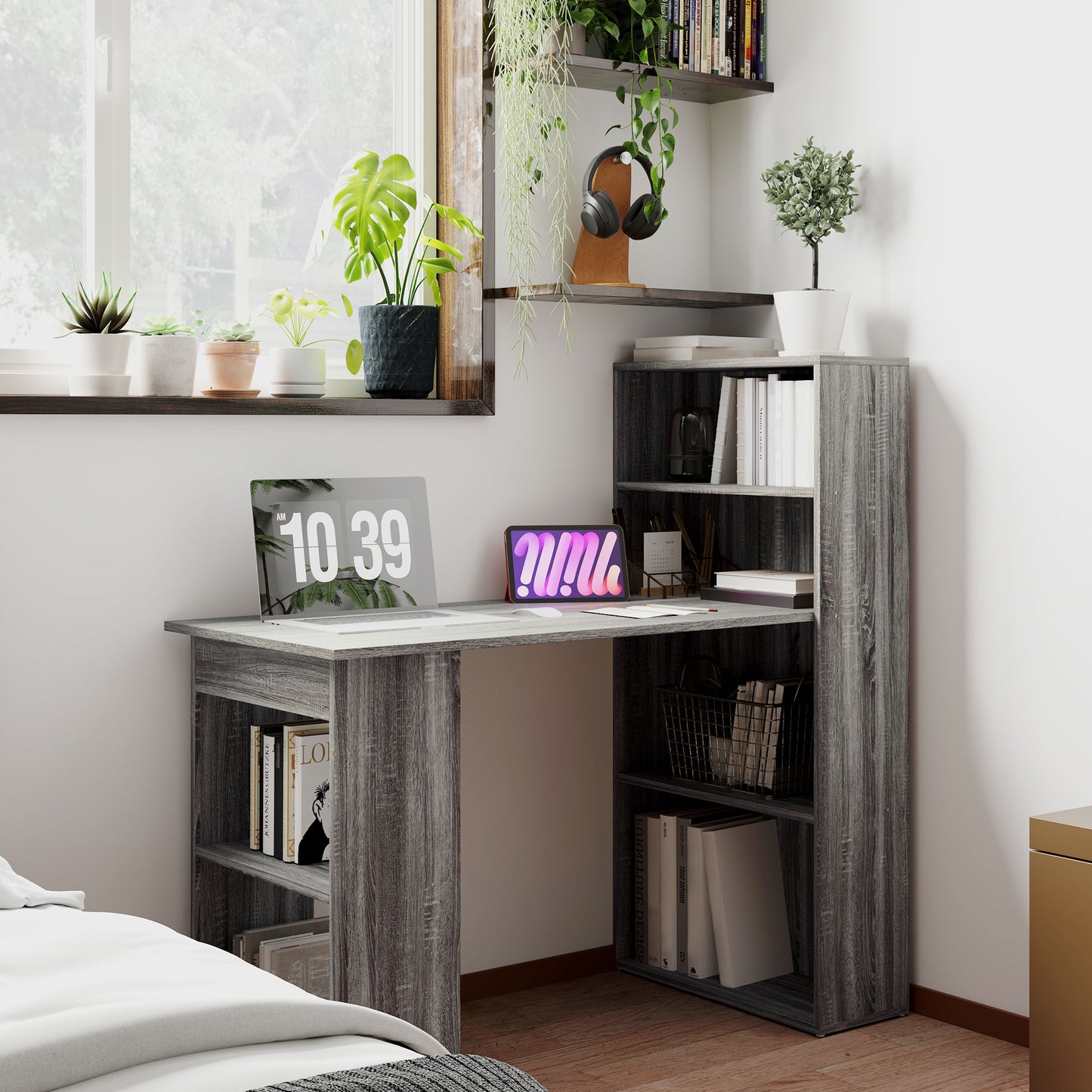 120cm Computer Desk Bookshelf Writing Table Workstation 6 Shelves Grey