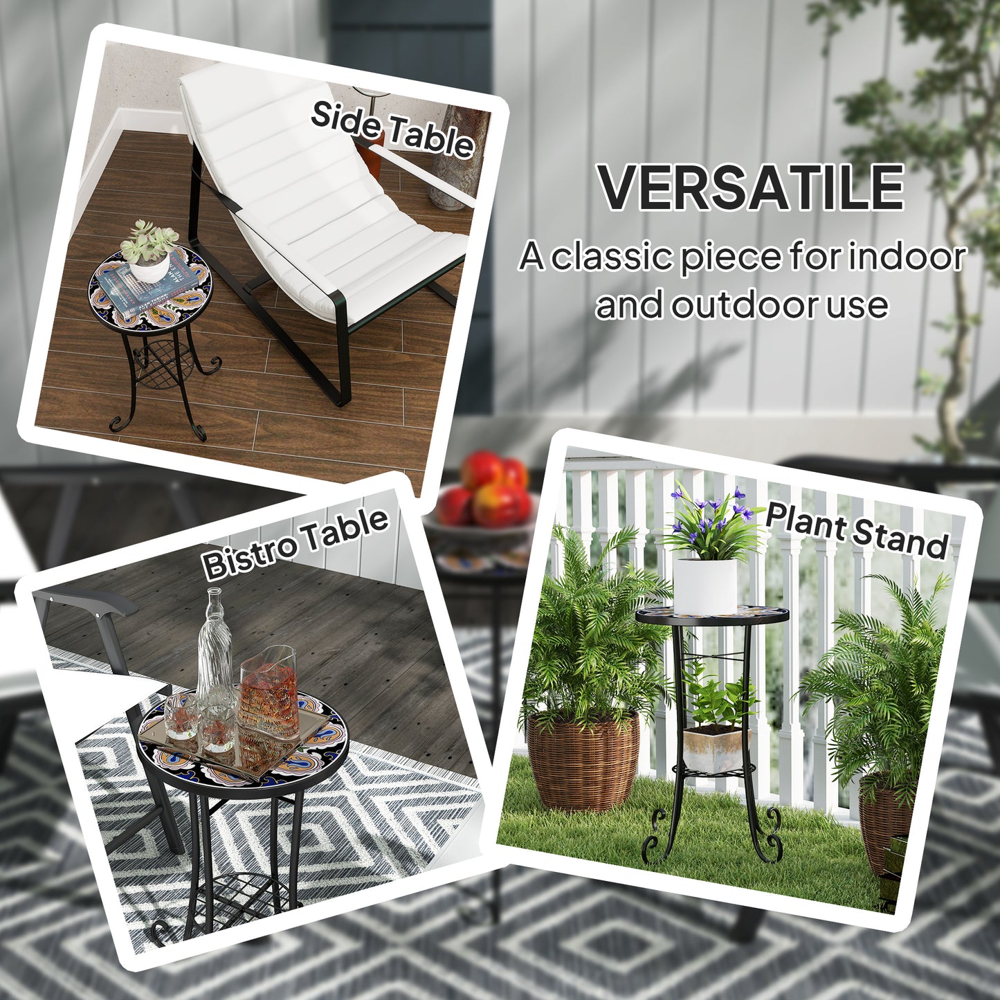35.5cm Round Mosaic Garden Side Table Plant Stand w/ Shelf, Orange