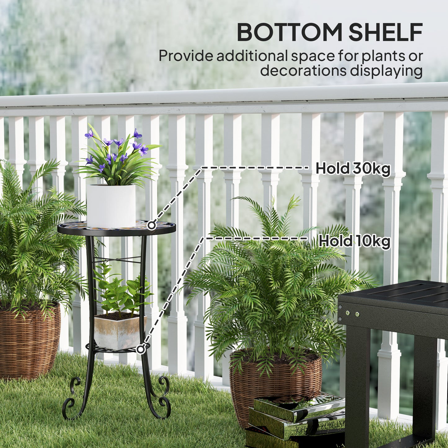 35.5cm Round Mosaic Garden Side Table Plant Stand w/ Shelf, Orange