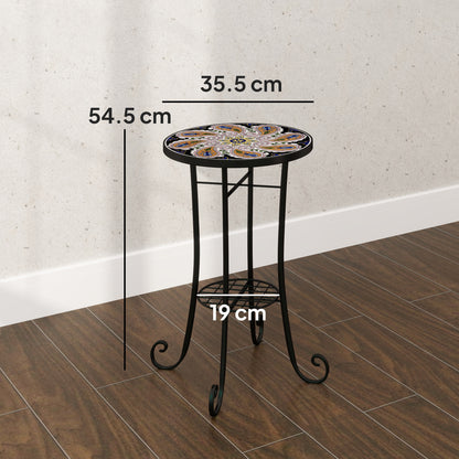35.5cm Round Mosaic Garden Side Table Plant Stand w/ Shelf, Orange