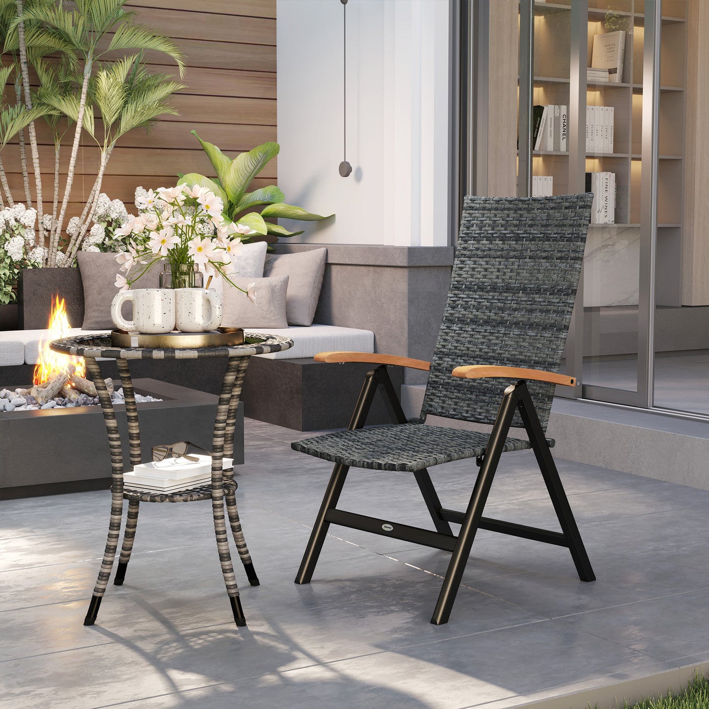 Outdoor Folding Rattan Chair, Dining Chair, Mixed-grey