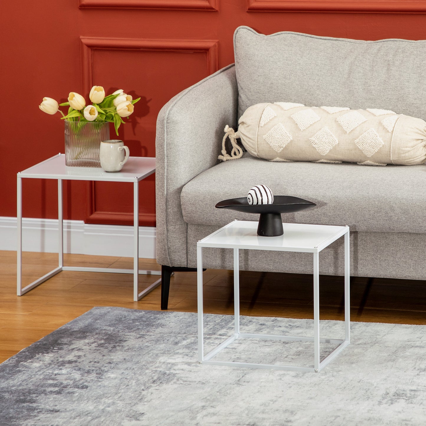 Nesting Coffee Table Set of 2, Nest of Tables with Steel Frame, White