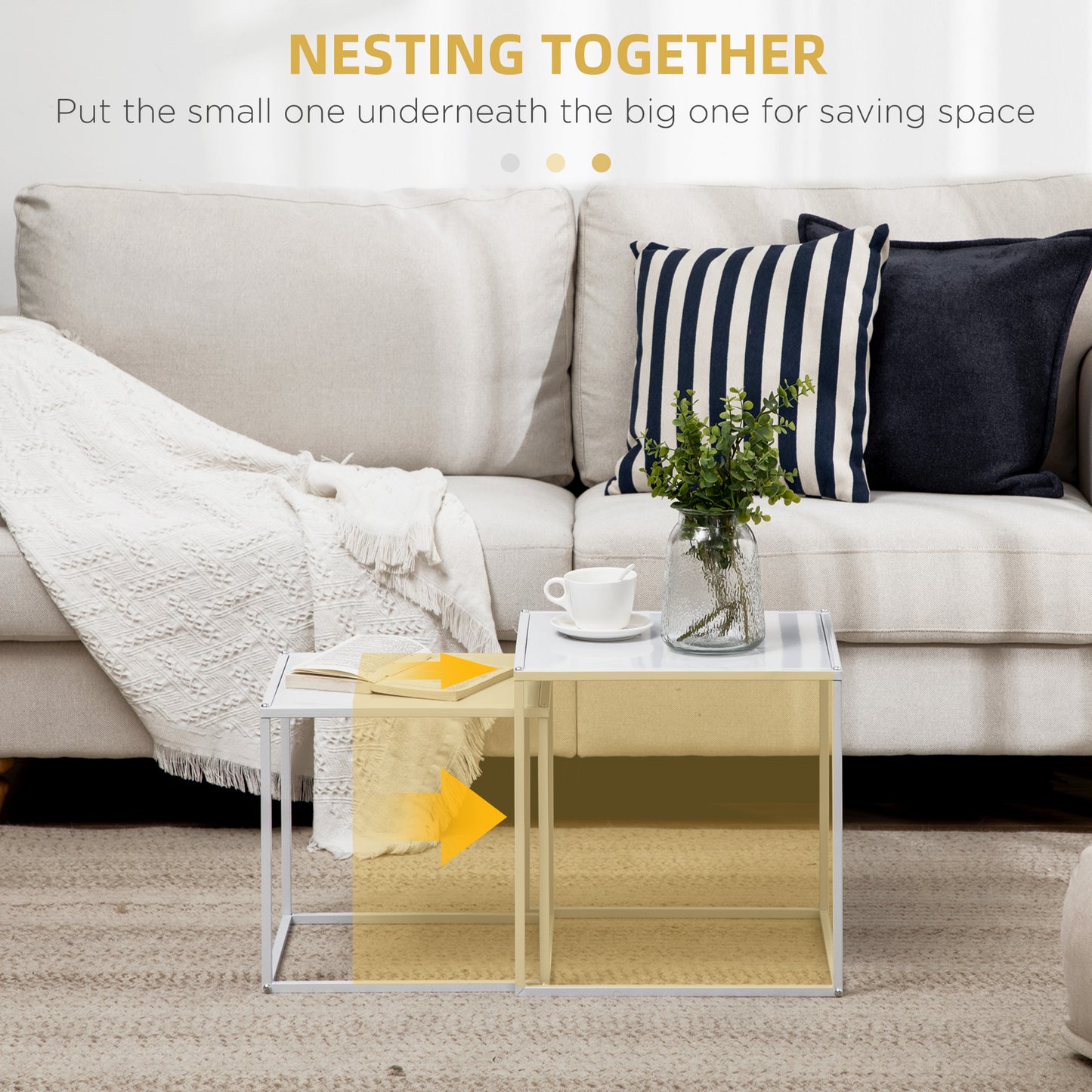 Nesting Coffee Table Set of 2, Nest of Tables with Steel Frame, White
