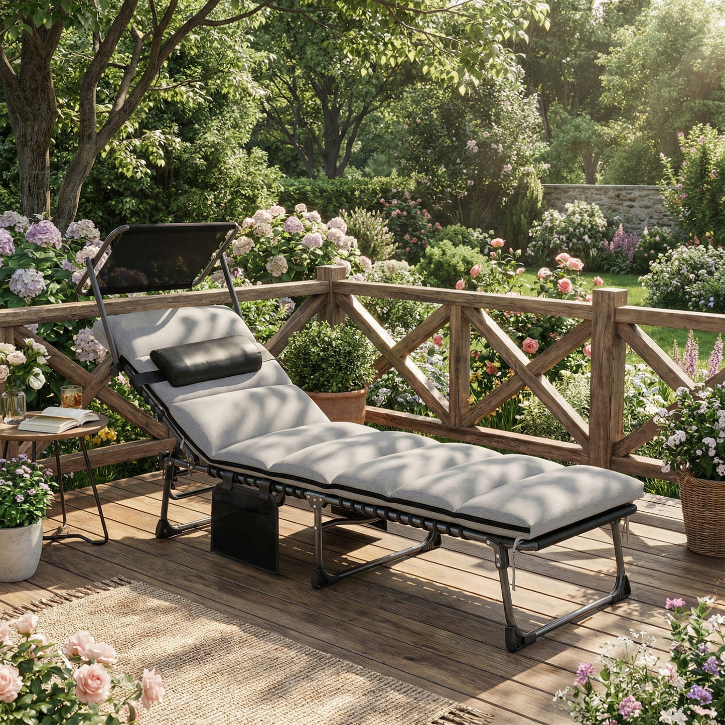 Folding Sun Lounger, Sunbed with Canopy, Light Grey