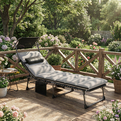 Folding Sun Lounger, Sunbed with Canopy, Light Grey