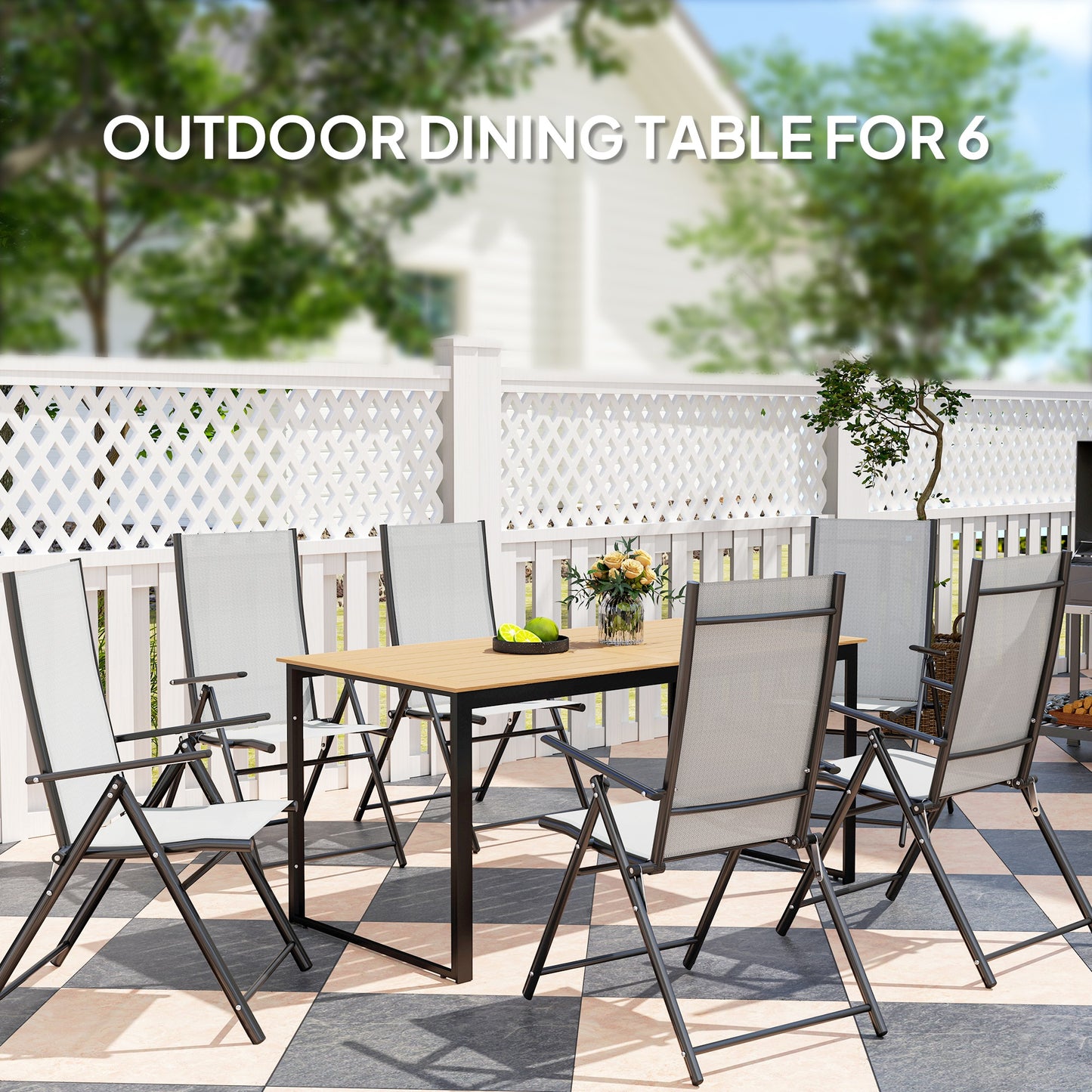 Garden Table for 6 People with Slatted Table Top, Metal Frame, Teak