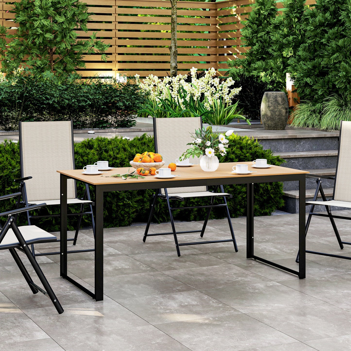 Garden Table for 6 People with Slatted Table Top, Metal Frame, Teak
