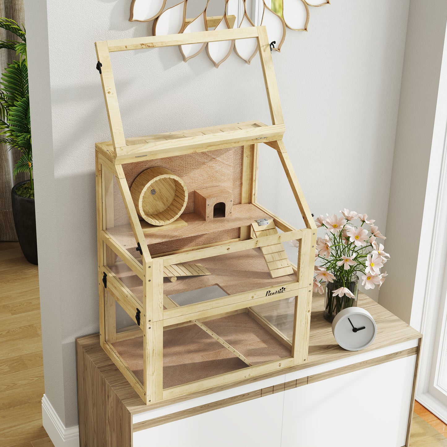 Wooden Hamster Cage, 3 Tier Gerbil Cage with Detachable 32cm Deep Bottom, Hut, Seesaw, Exercise Wheel, Ramps, 60 x 40 x 75cm, Natural Wood Finish