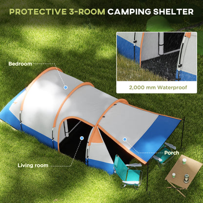 Camping Tent, Large Tunnel Tent with Bedroom and Living Area, 2000mm Waterproof, Portable with Bag for 2-3 Man, Orange