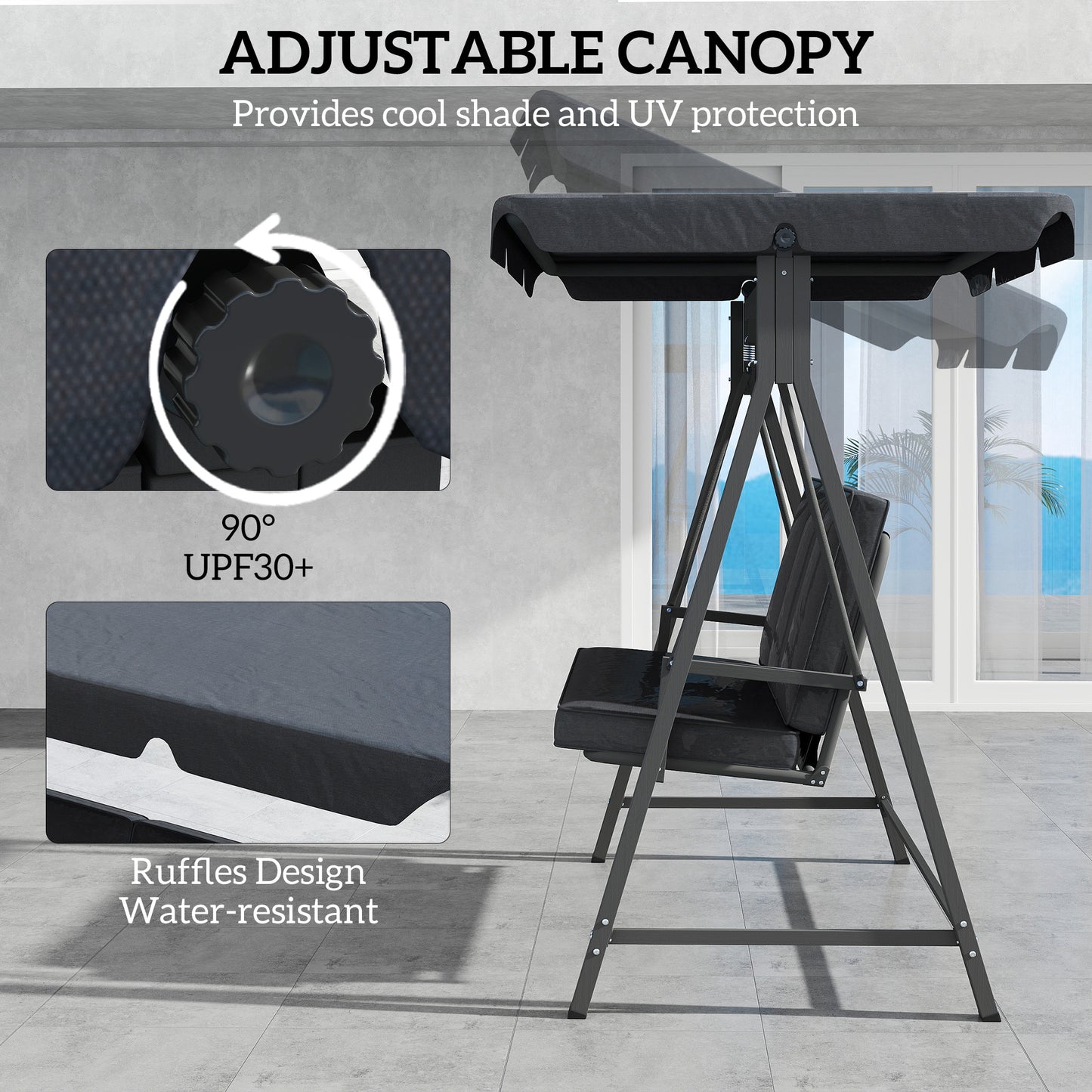 3 Seater Garden Swing Seat with Adjustable Canopy and Cushion Grey