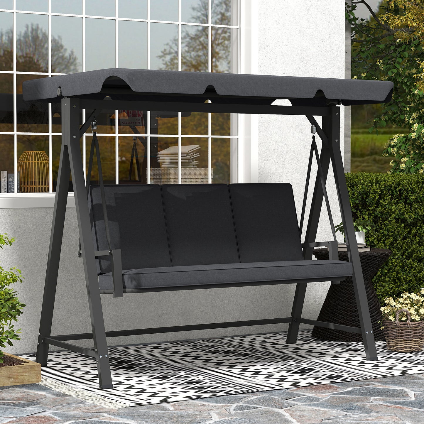 3 Seater Garden Swing Seat with Adjustable Canopy and Cushion Grey