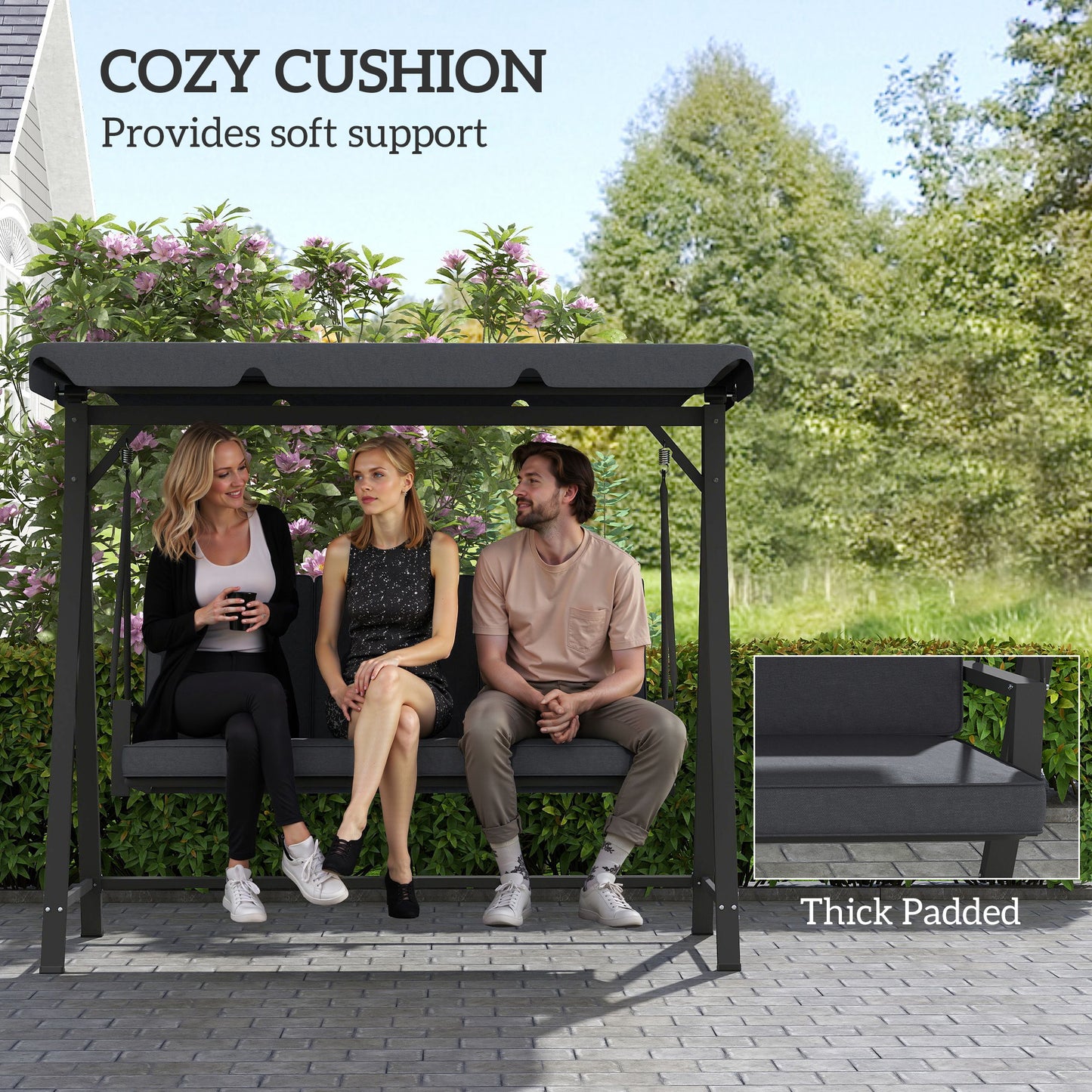 3 Seater Garden Swing Seat with Adjustable Canopy and Cushion Grey