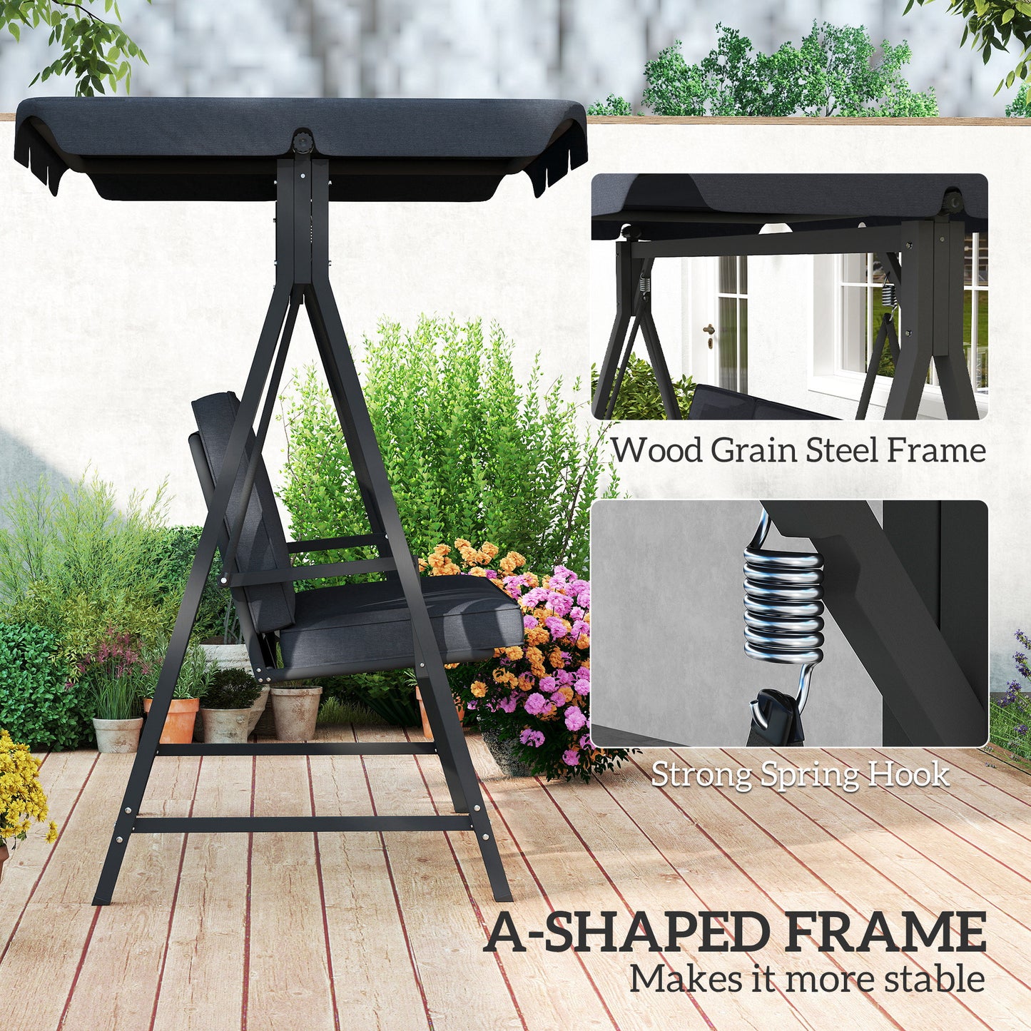 3 Seater Garden Swing Seat with Adjustable Canopy and Cushion Grey