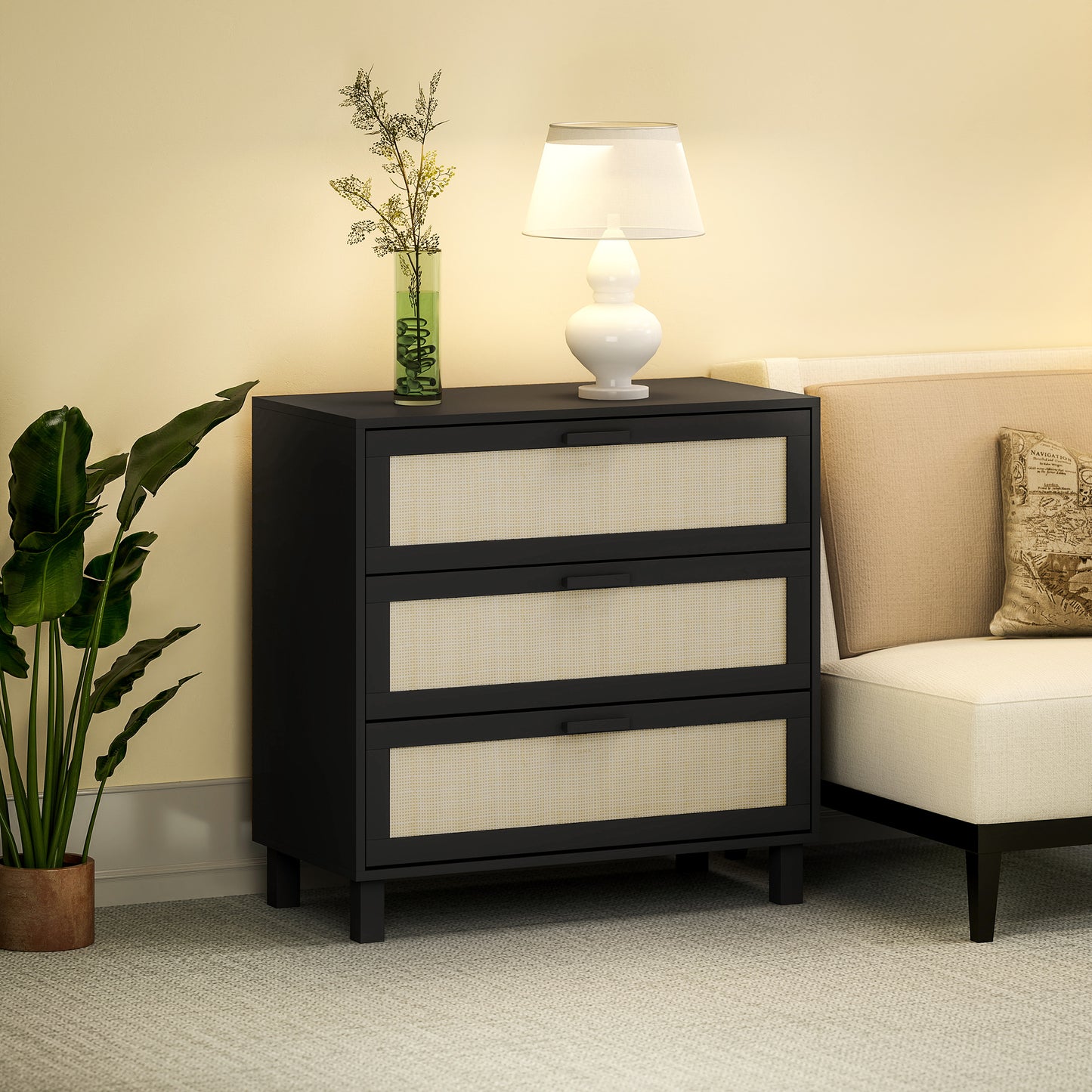 3 Drawer Cabinet Storage Cupboard Sideboard Organiser, Black