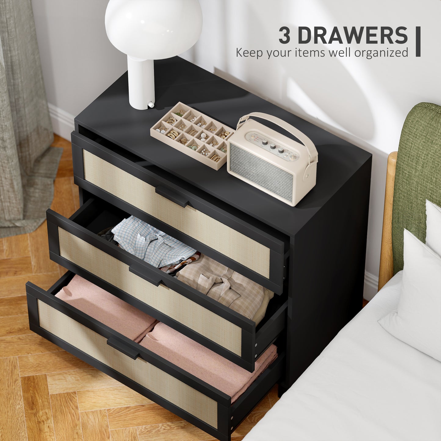 3 Drawer Cabinet Storage Cupboard Sideboard Organiser, Black