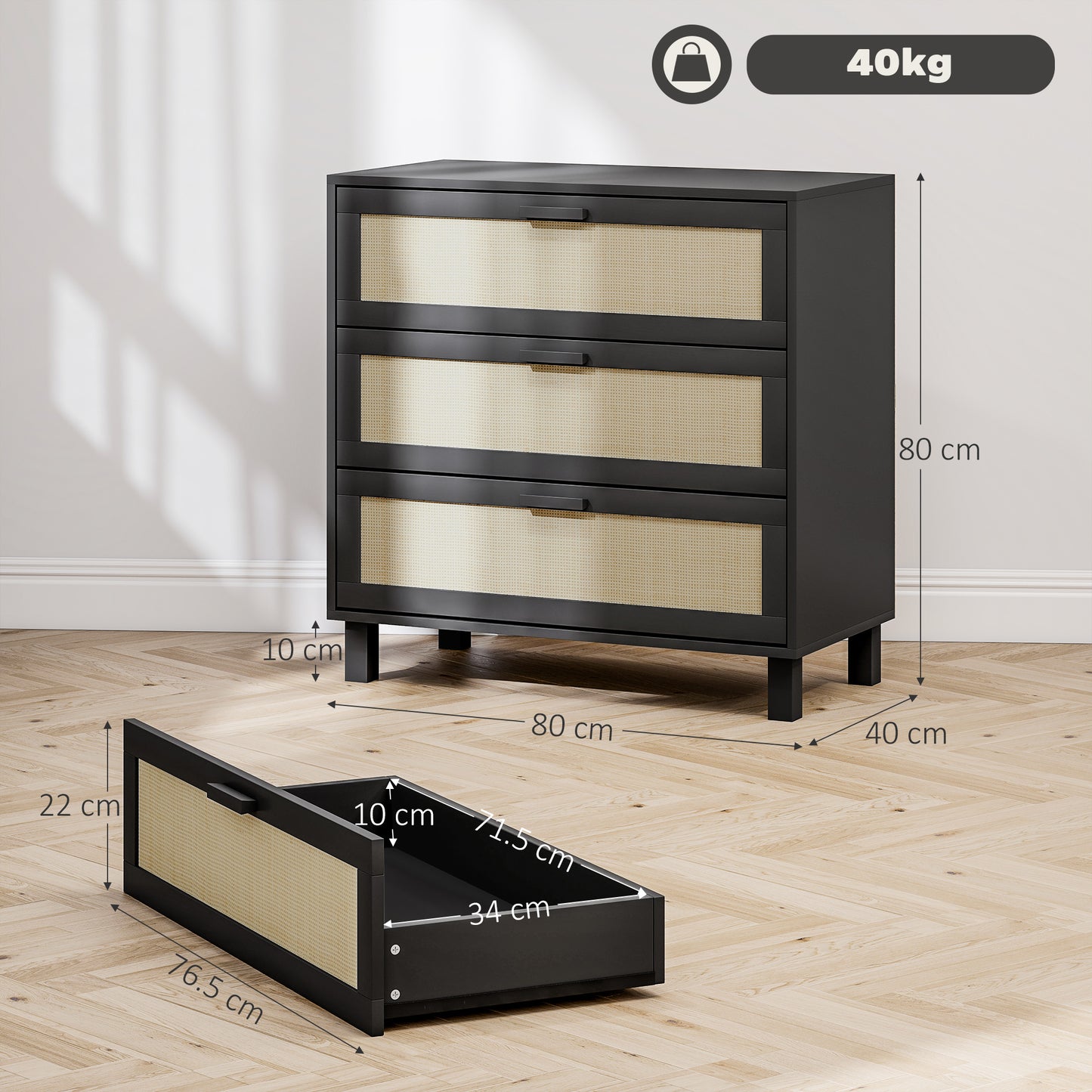 3 Drawer Cabinet Storage Cupboard Sideboard Organiser, Black