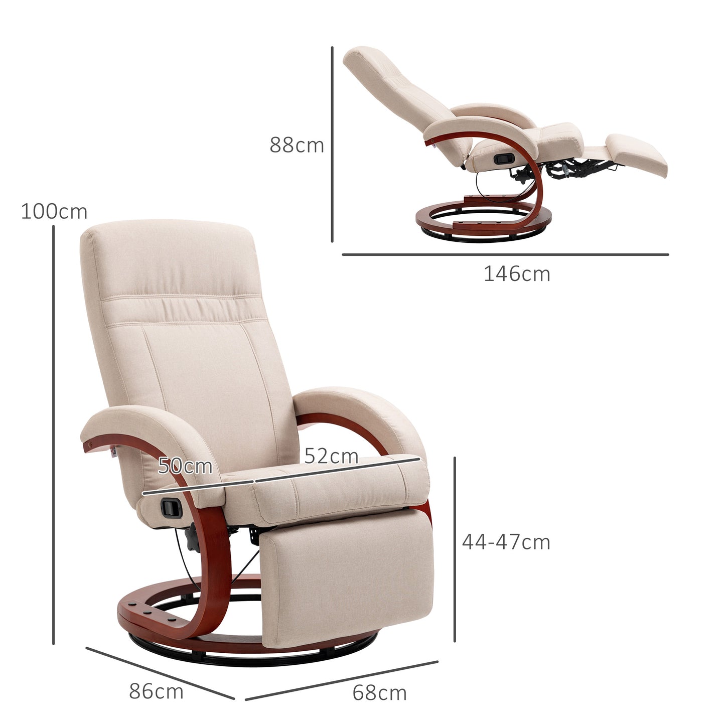 Manual Recliner Swivel Reclining Chair with Footrest Armrests Beige