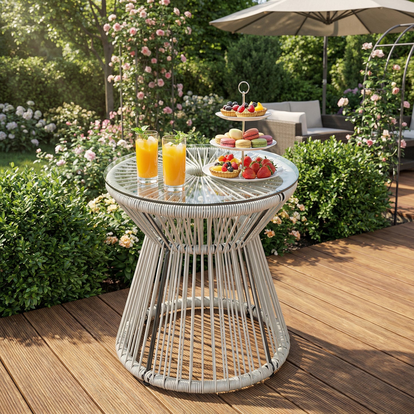 Rattan End Table, Round Hollow Drum Design Side Table, Light Grey