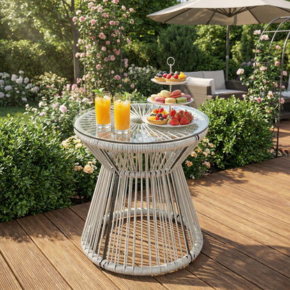 Rattan End Table, Round Hollow Drum Design Side Table, Light Grey