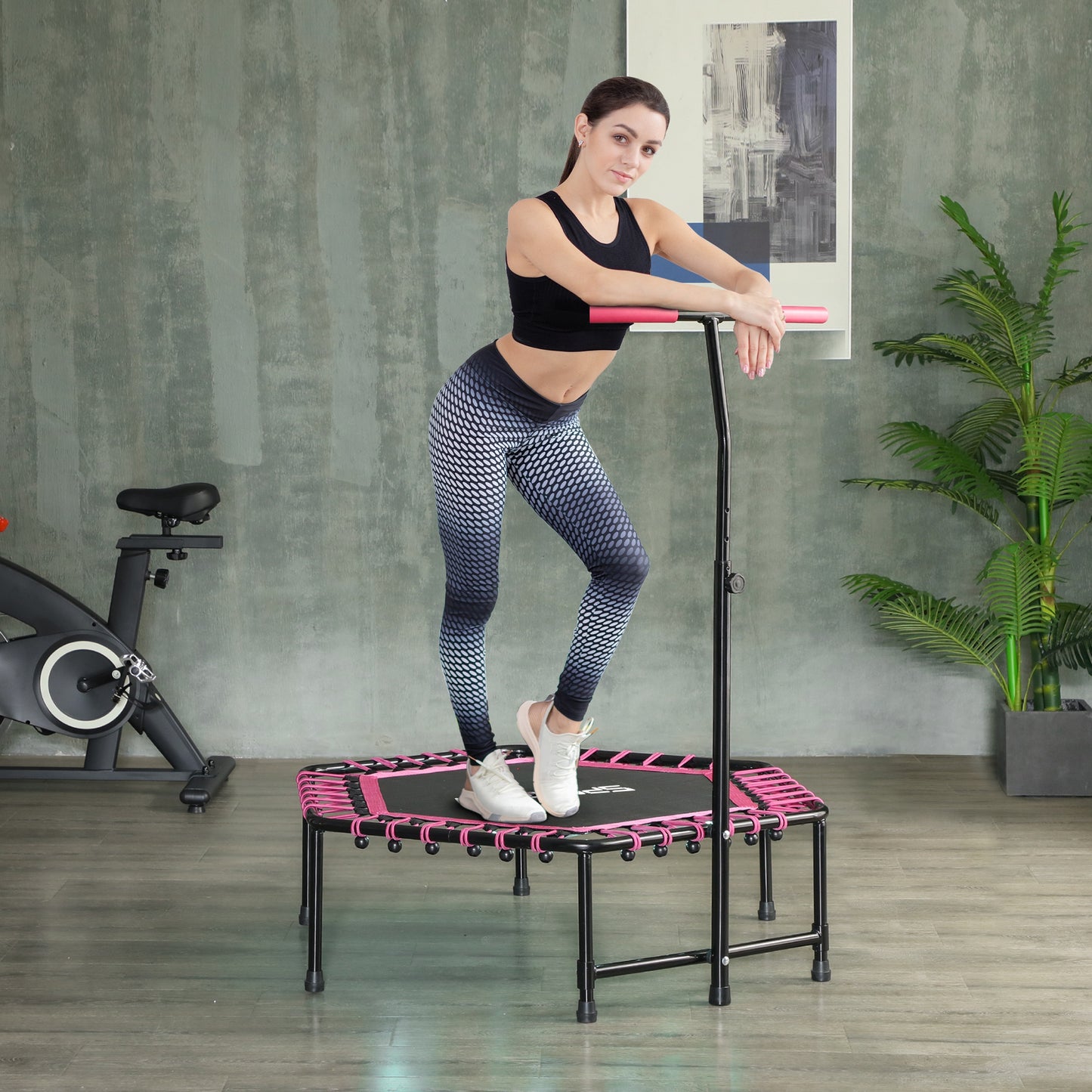 45" Fitness Trampoline with Adjustable Handle, LED Lights, Pink